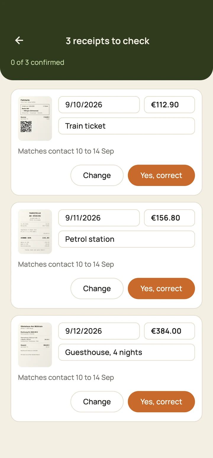 Reviewing receipts: three detected receipts, each with photo, date, amount and the matching contact time.