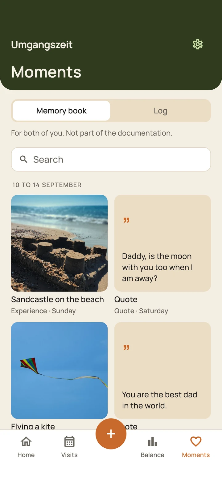 Memory book with photos and quotes, grouped by contact time.