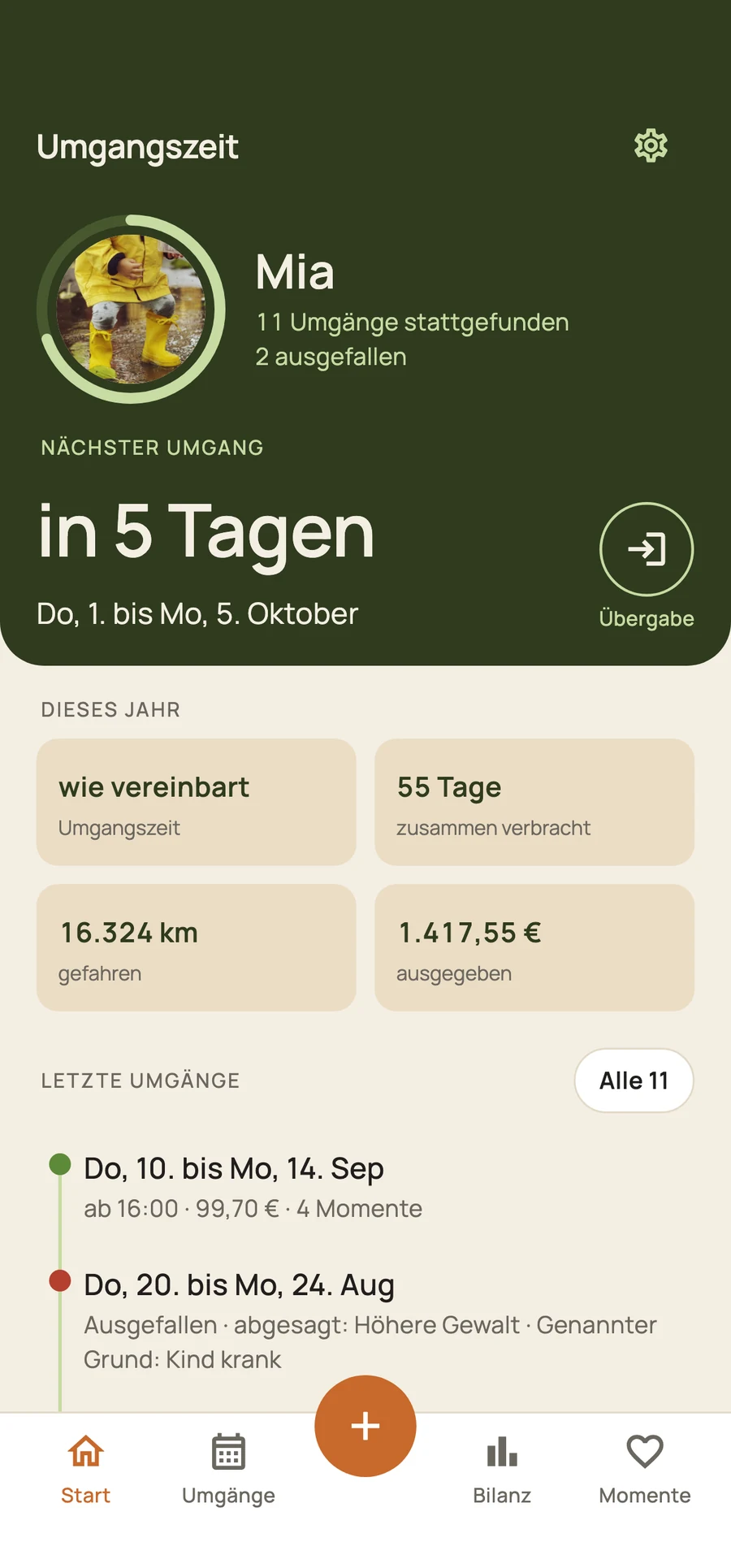 Startseite der App: Mia, nächster Umgang in 5 Tagen, Jahreszahlen und die letzten Umgänge.