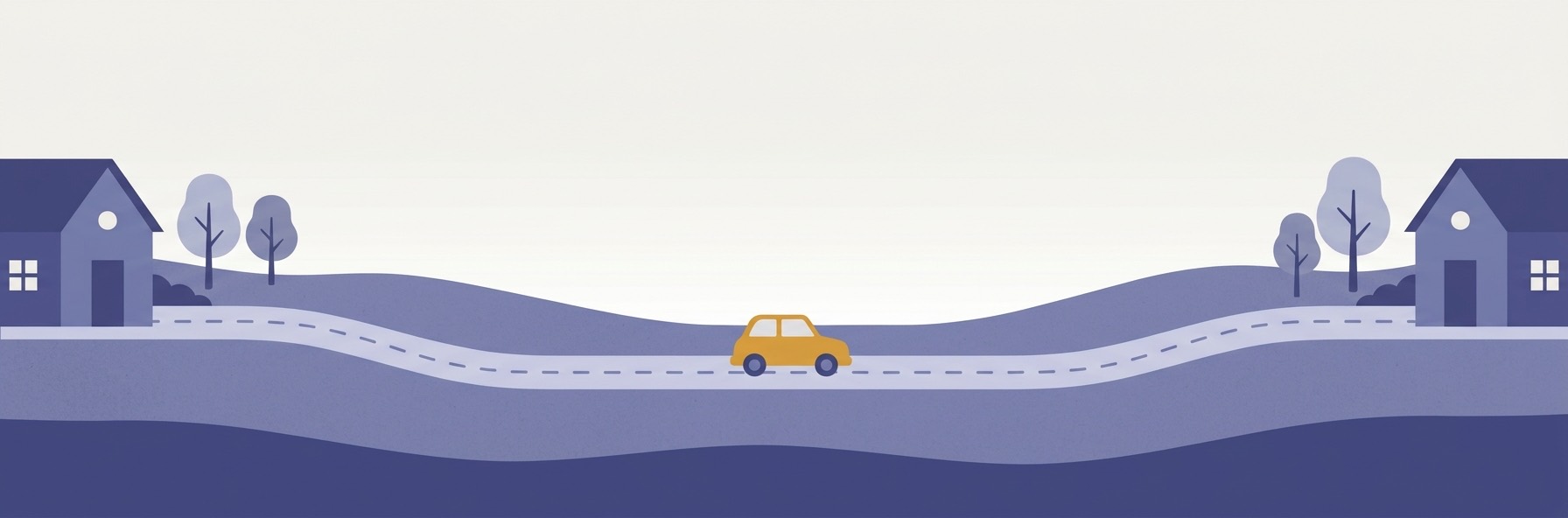 Illustration in Indigo: eine Landstraße zwischen zwei Häusern, auf der ein kleines bernsteinfarbenes Auto unterwegs ist.