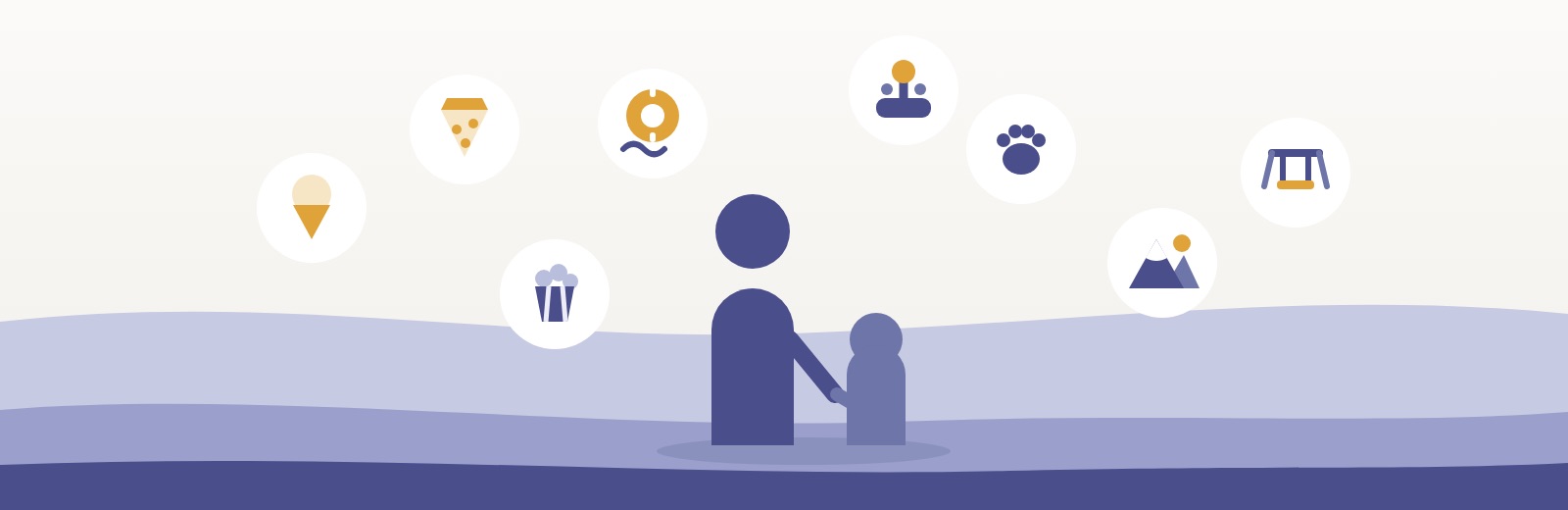 Illustration: ein Elternteil und ein Kind Hand in Hand, darum herum Symbole für gemeinsame Momente: Eis, Pizza, Popcorn, Schwimmring, Joystick, Tierpfote, Berg und Schaukel