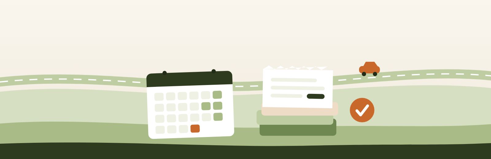 Illustration: a tidy stack of receipts next to a monthly calendar, a quiet country road above