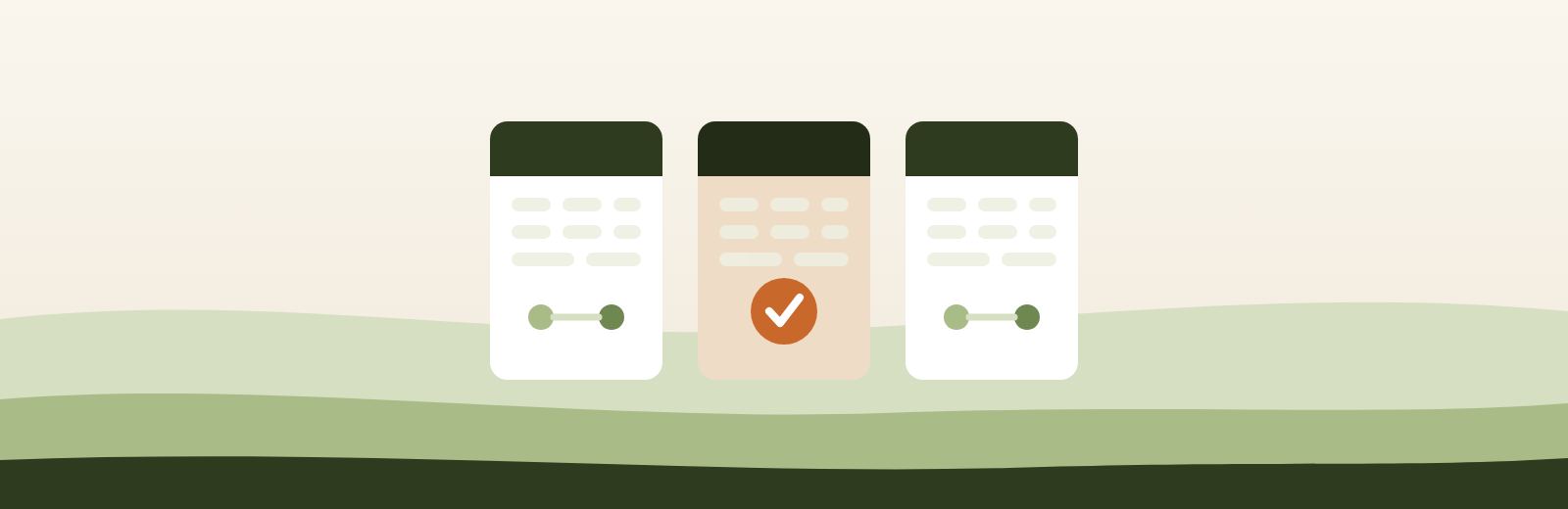 Illustration: three app cards, the middle one in terracotta with a tick, the others with the two-parents symbol