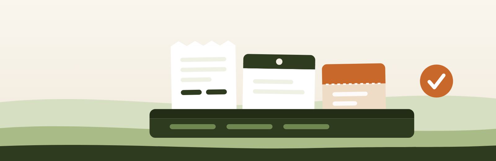 Illustration: a till receipt, a train ticket and an admission ticket filed neatly in a tray, with a tick mark next to them