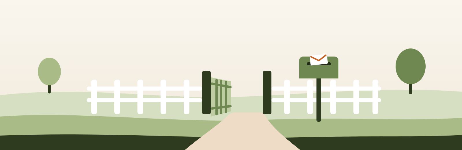 Illustration: an open garden gate in a fence, a path leading through it, next to it a letterbox with a letter